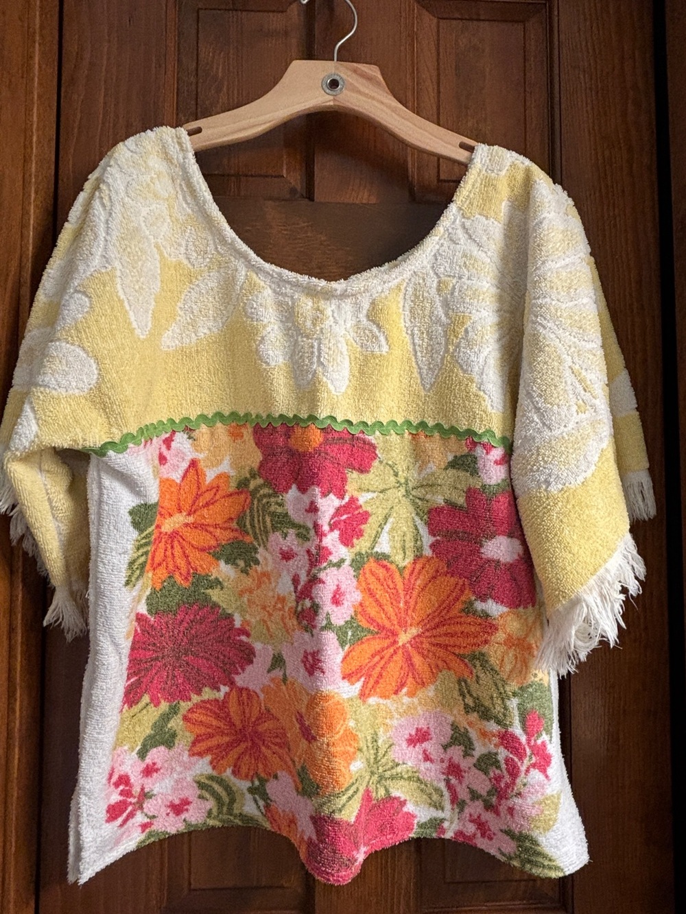 Yellow Floral Fringe upcycled vintage towel top